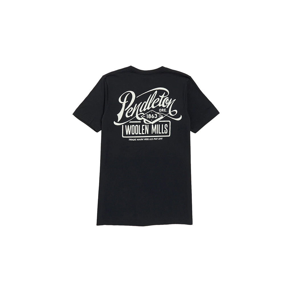 Black t-shirt with white text on the back on a white background