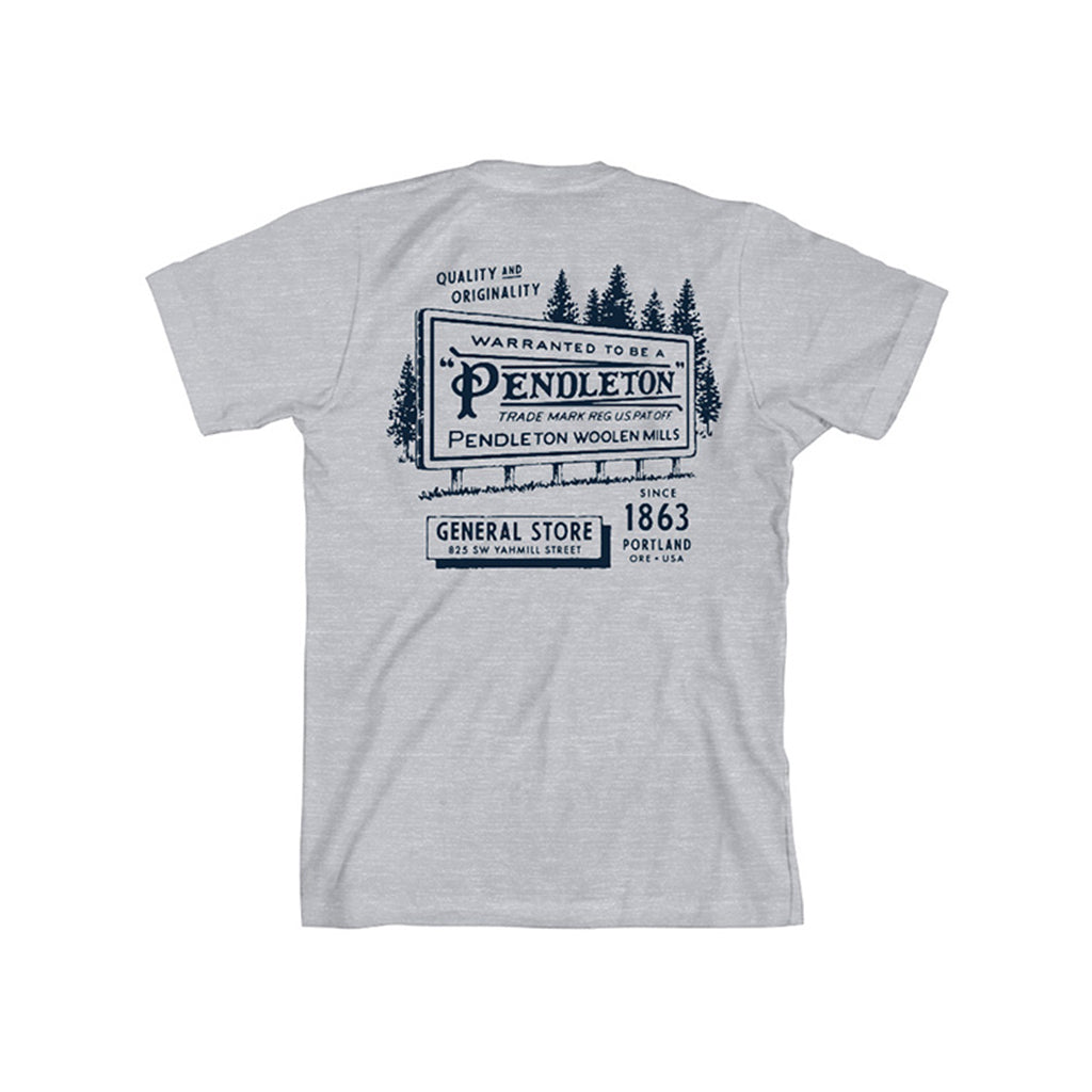 Gray t-shirt with Pendleton logo and text on the back against a white background