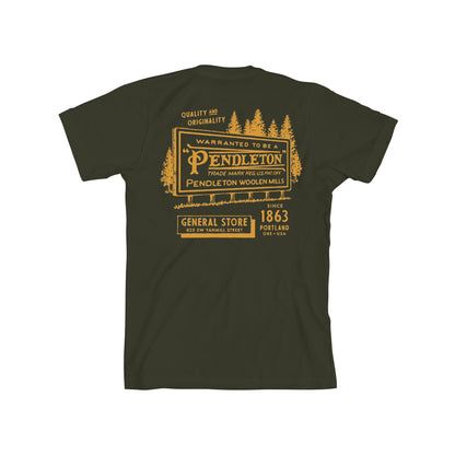 Green t-shirt with yellow graphic and text on a white background