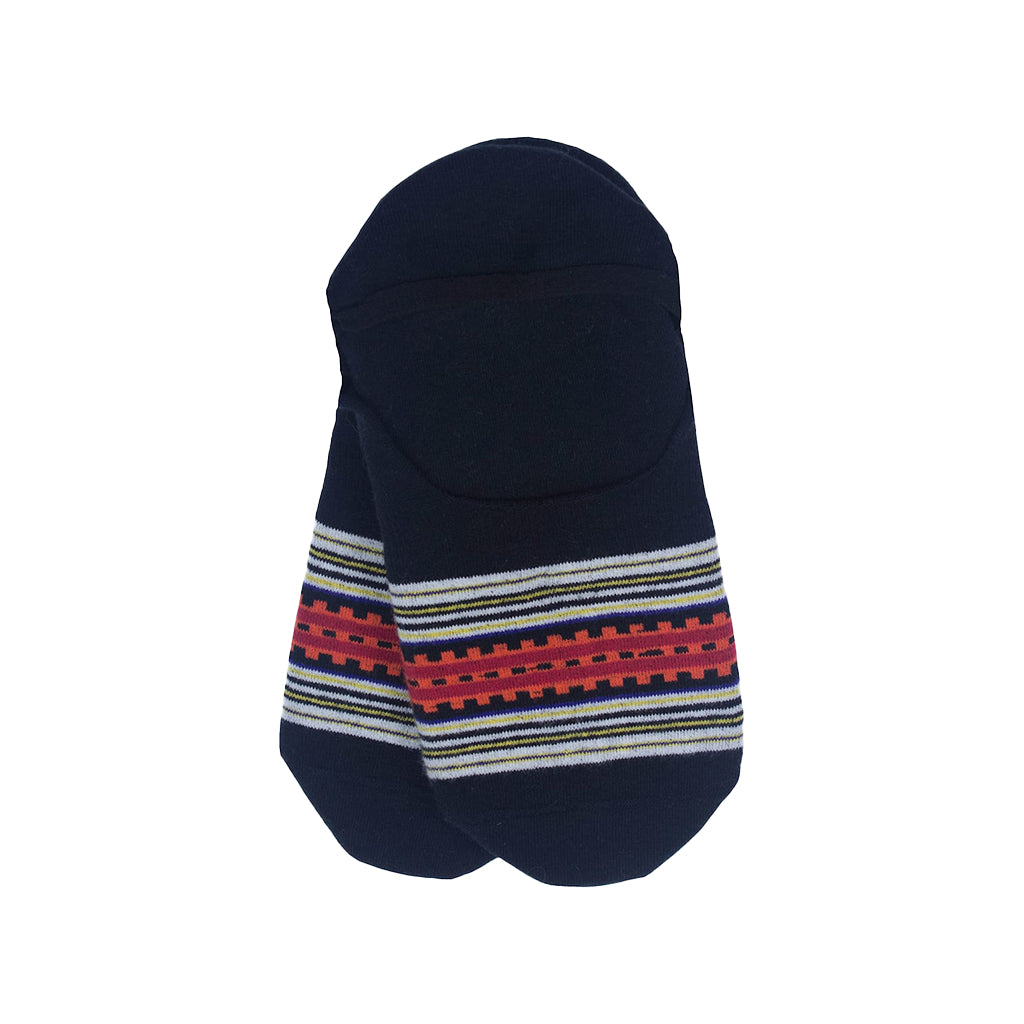 Navy blue socks with colorful striped pattern on a white background
