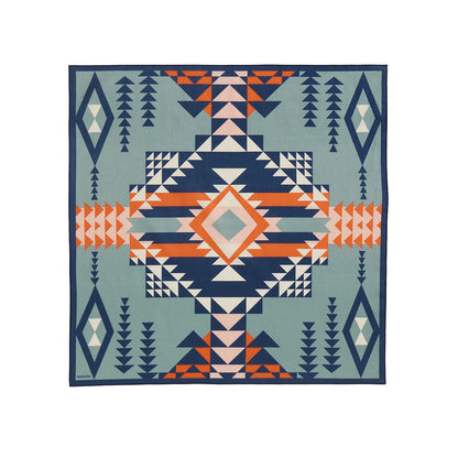 Geometric patterned bandana with blue, orange, and white colors on a light blue background
