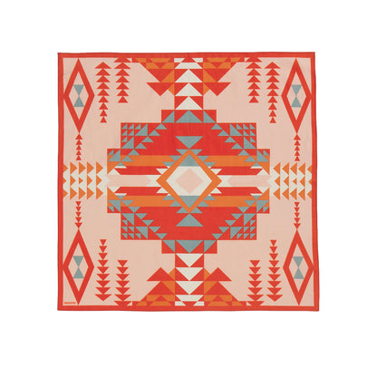 Geometric patterned bandana with red, orange, and beige colors on a white background