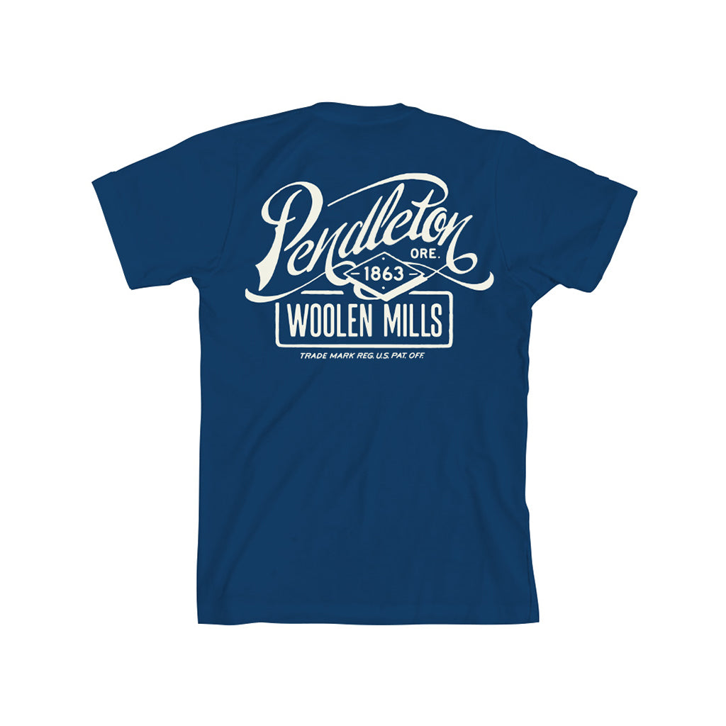 Blue shirt with pendleton woolen mills in cream text on a white background