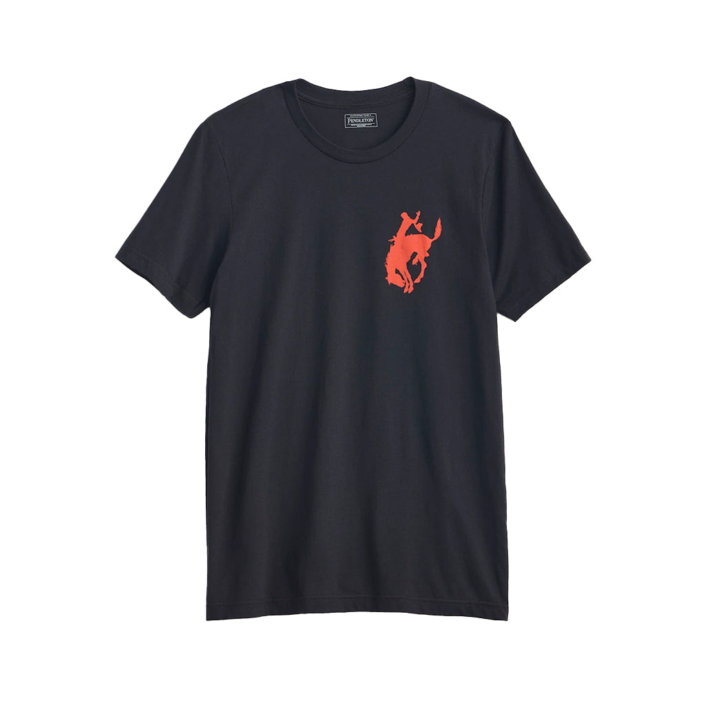 Black t-shirt with a red graphic on a white background