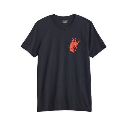 Black t-shirt with a red graphic on a white background