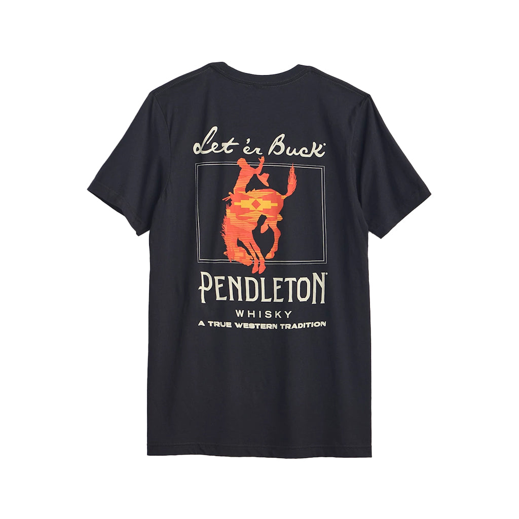Black t-shirt with Pendleton Whisky graphic on a white background