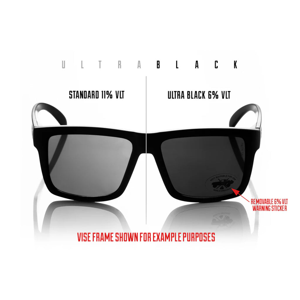 Sunglasses with ultra black lenses on a white background