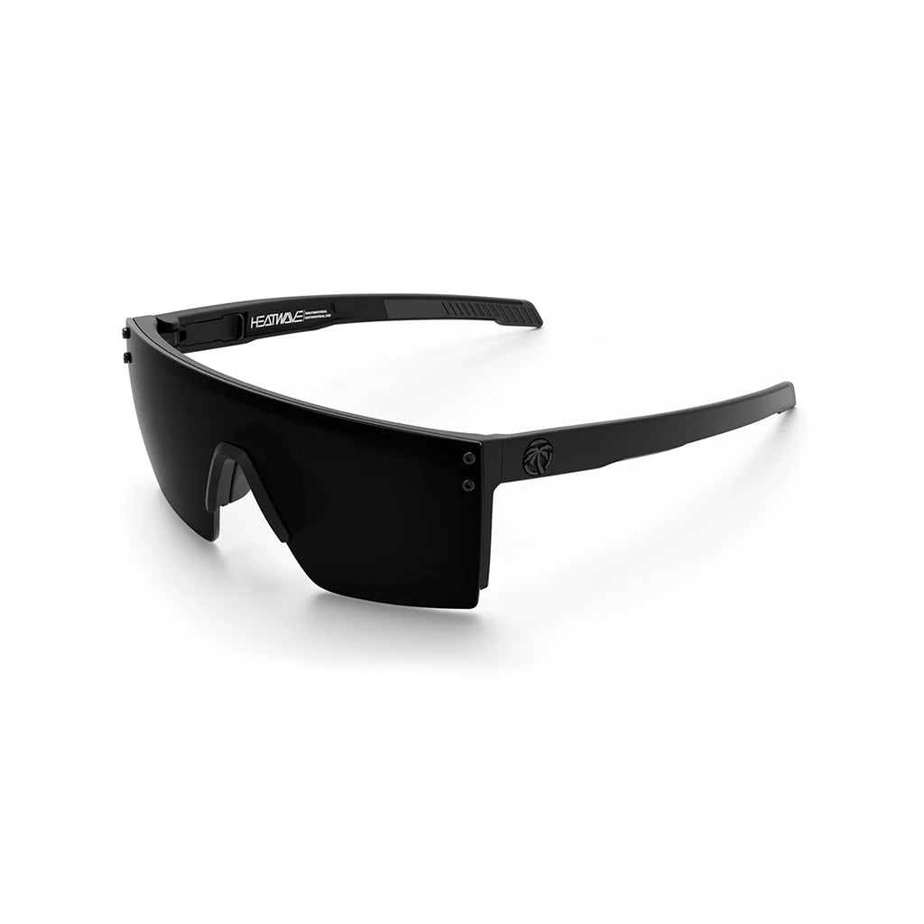 Black sunglasses with a brand logo on a white background