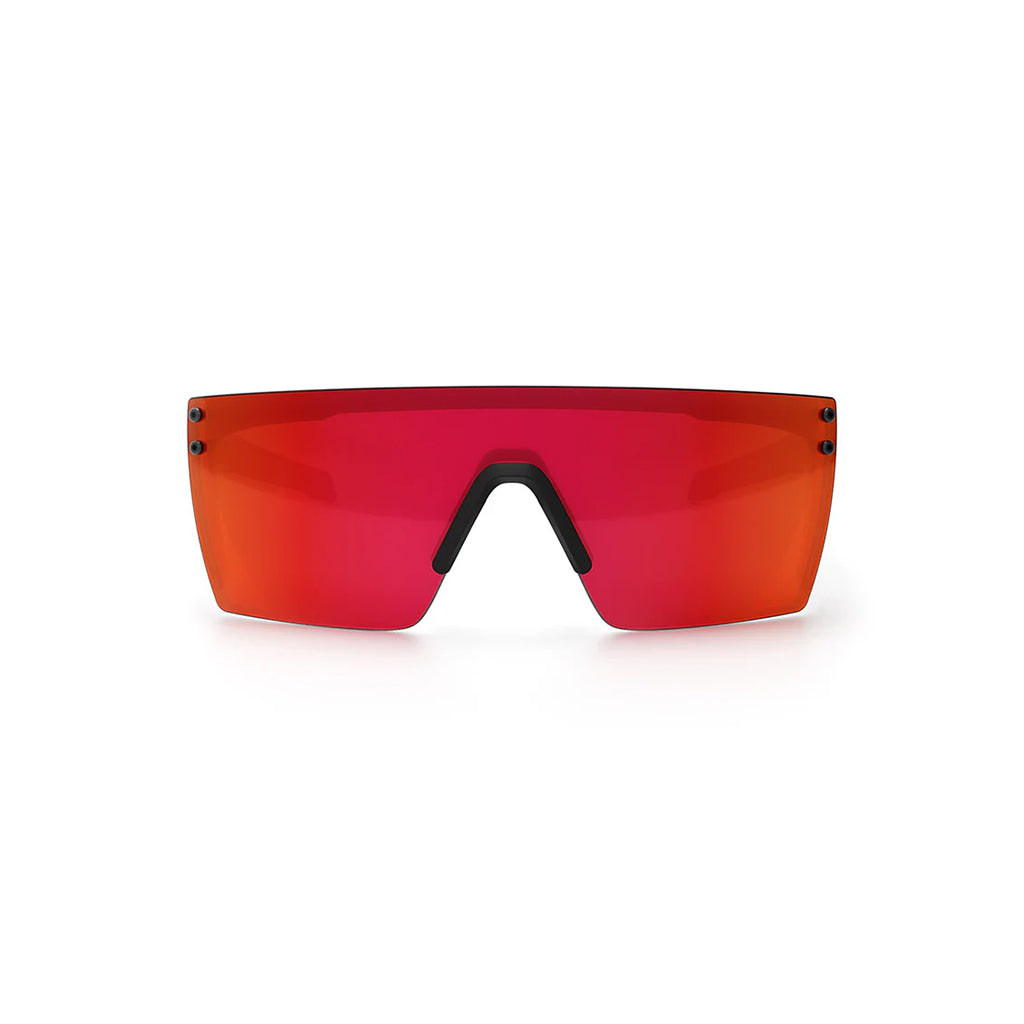 Red sunglasses with a black frame on a white background