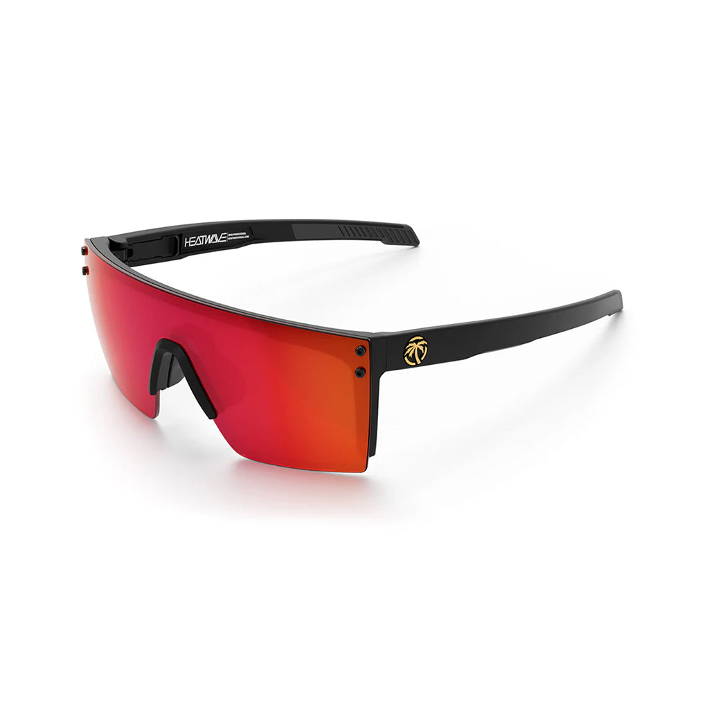 Sunglasses with red lenses and black frame on a white background