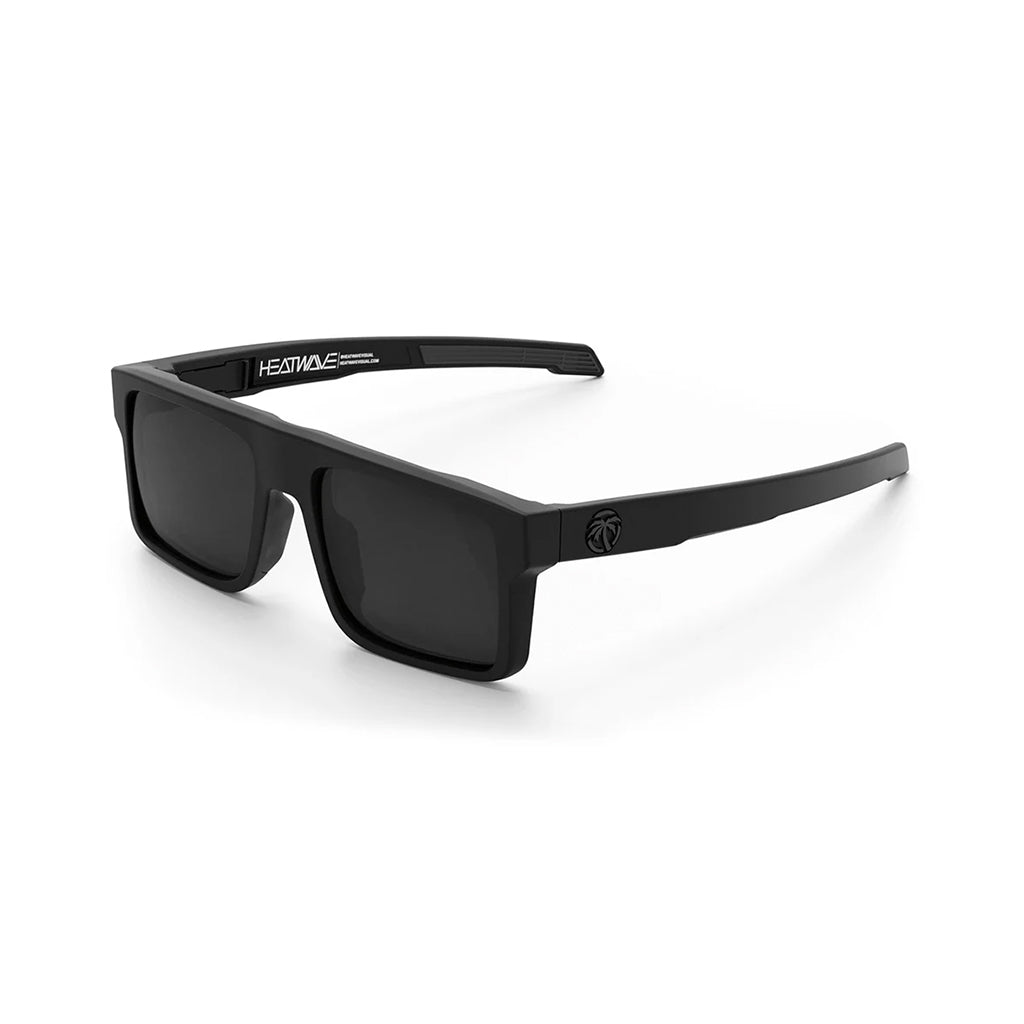 Black sunglasses with a brand logo on a white background