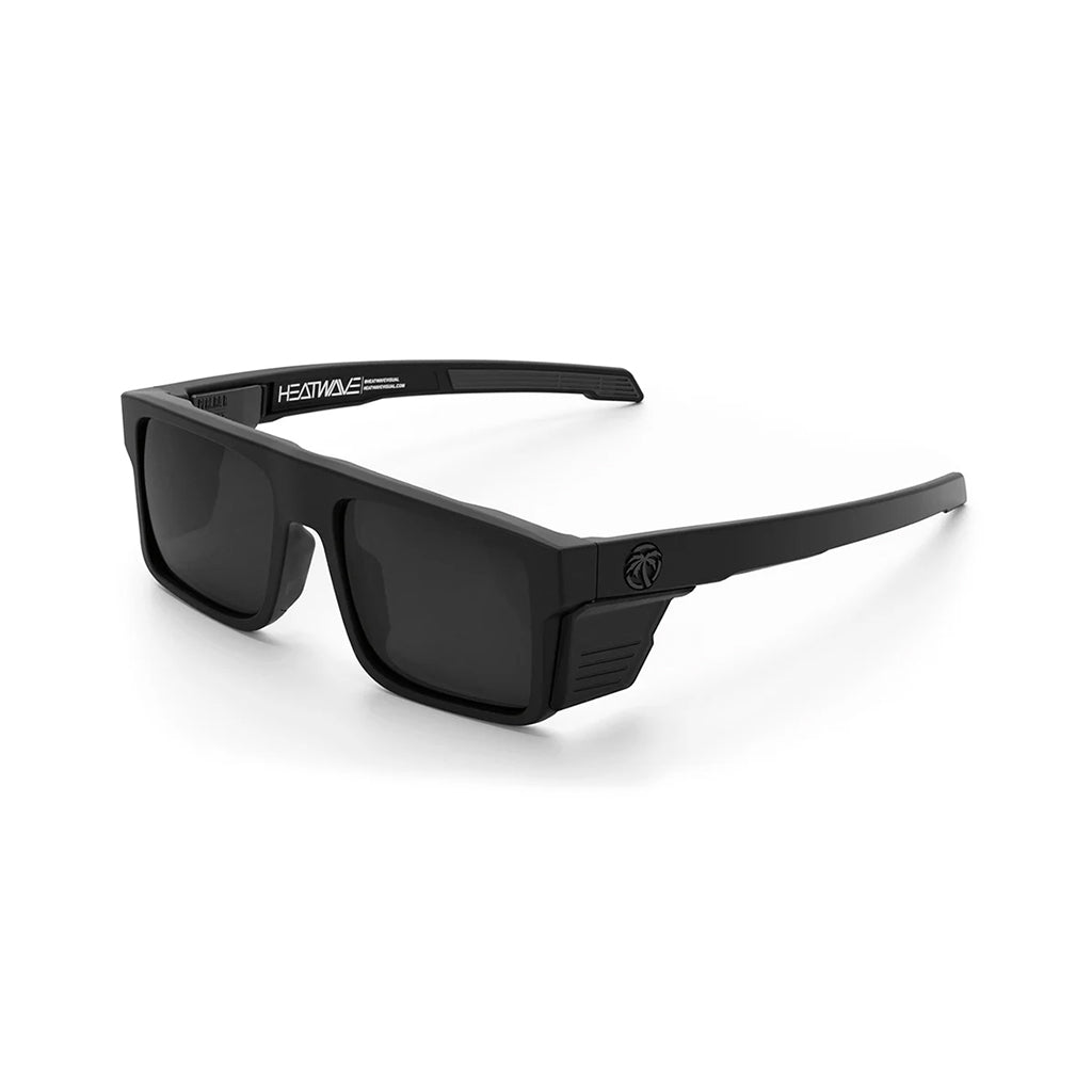 Black sunglasses with a brand logo on a white background