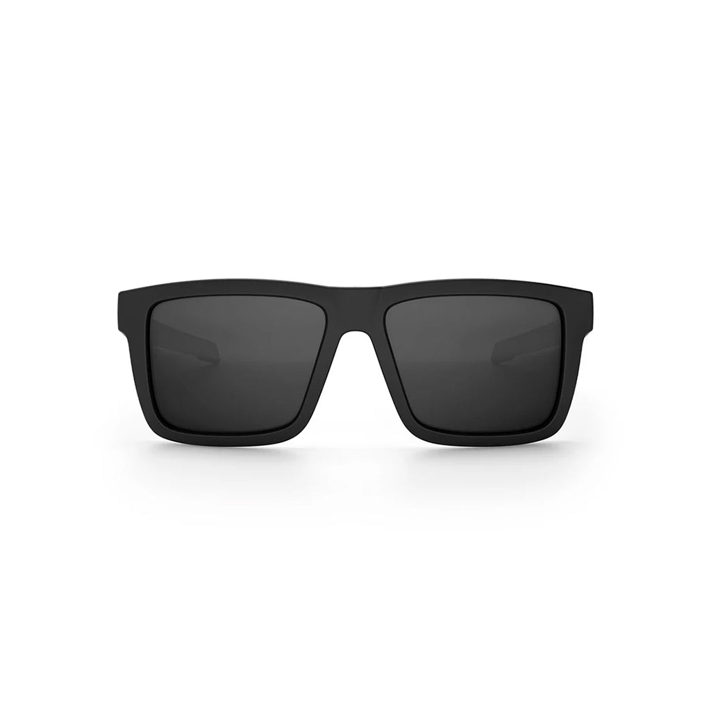 Black sunglasses with dark lenses on a white background