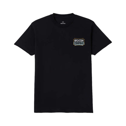 Black t-shirt with a logo on the chest against a white background