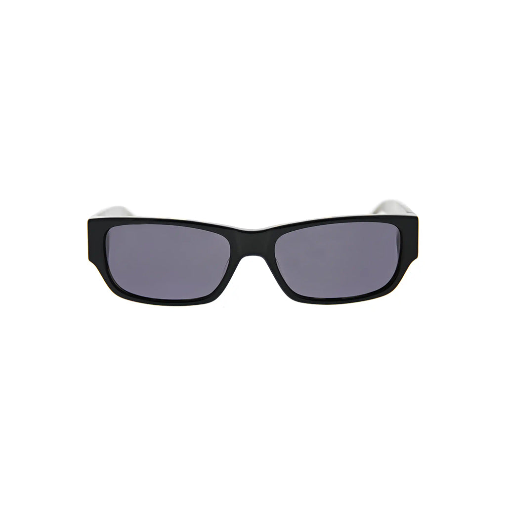 Black sunglasses with gray lenses on a white background