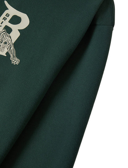 Dark green fabric with a logo on a white background