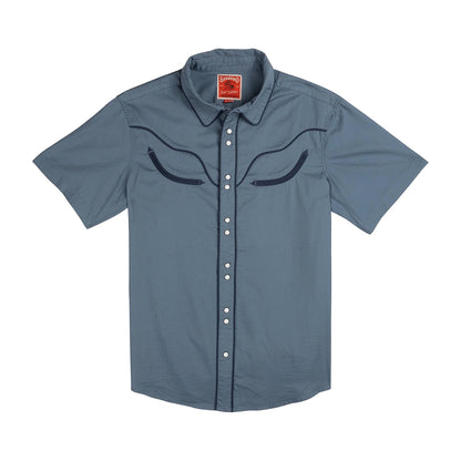 Blue short-sleeve shirt with embroidery on a white background