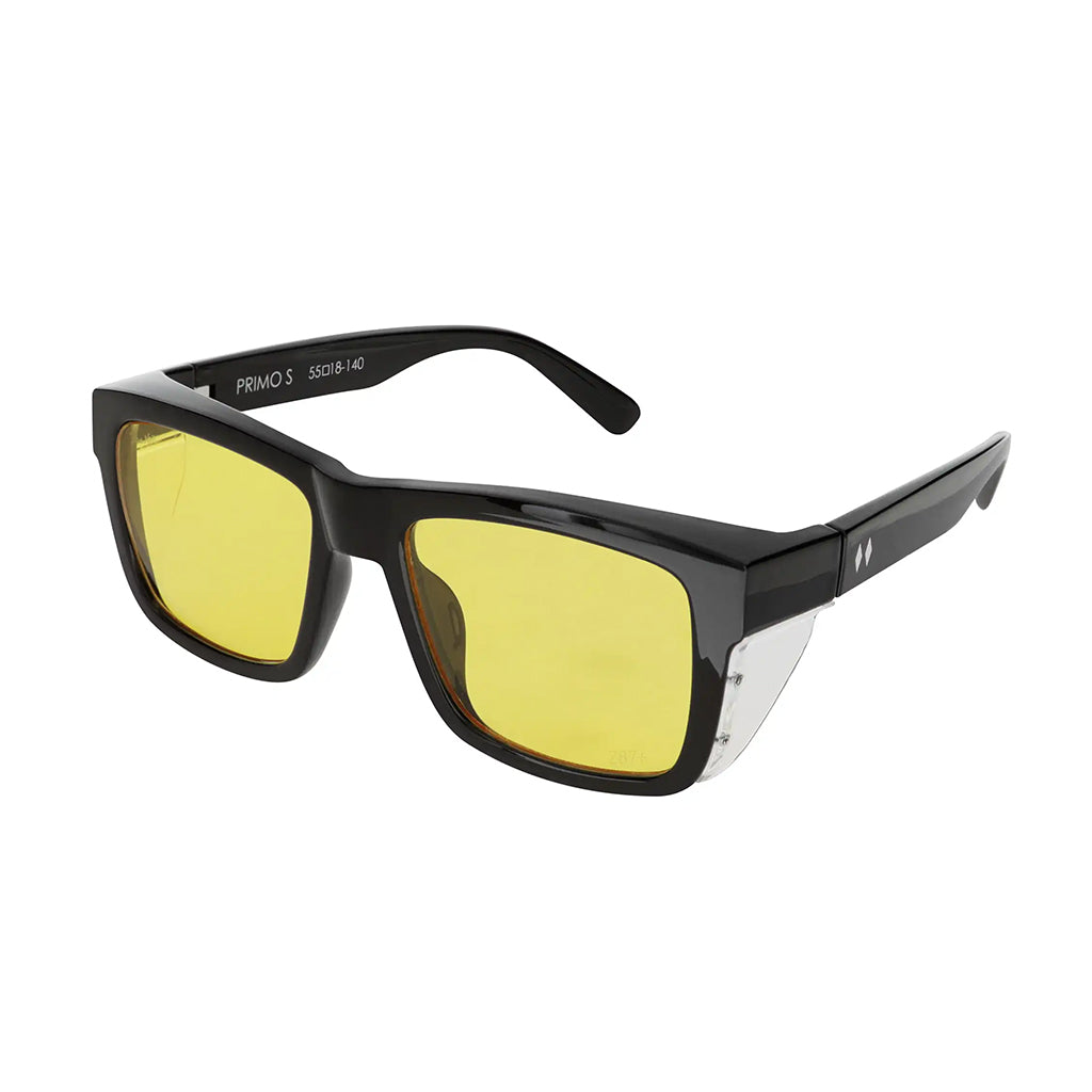 Sunglasses with yellow lenses and black frame on a white background