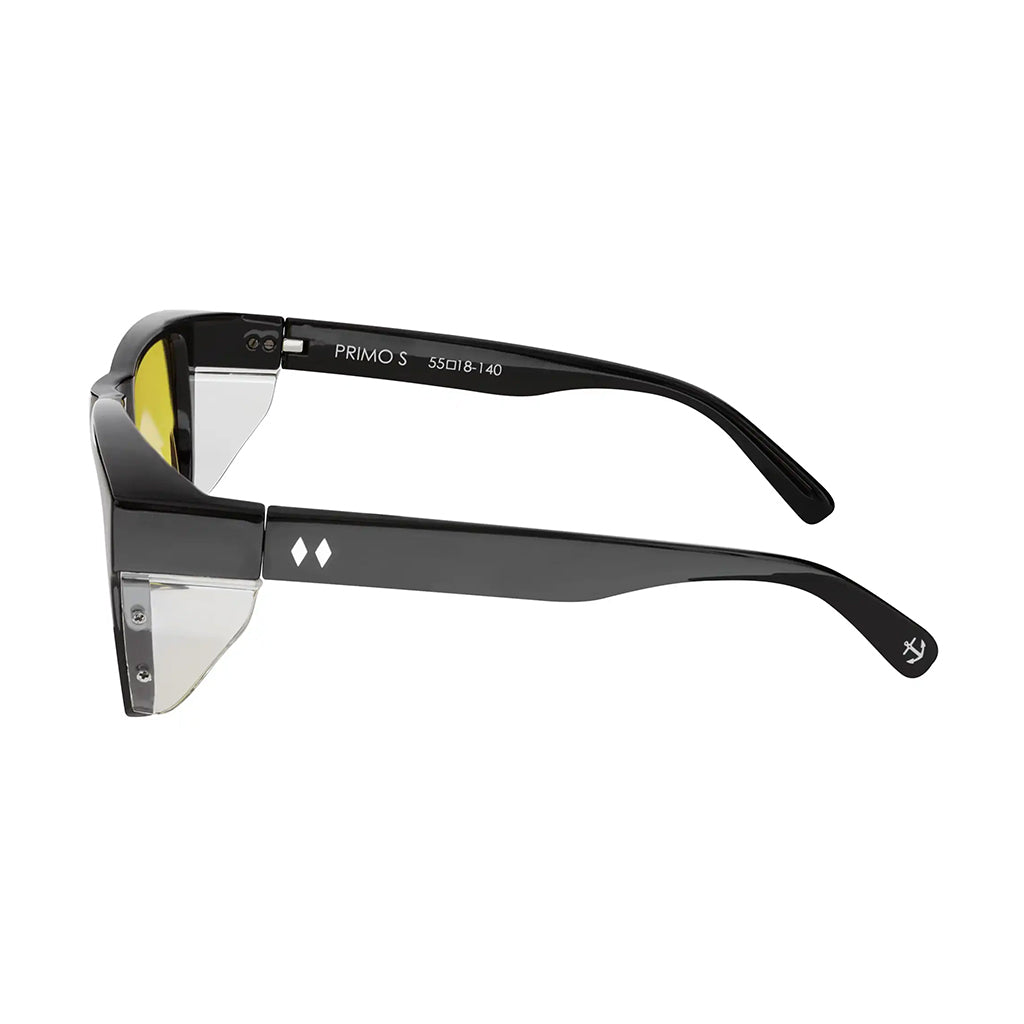 Black sunglasses with reflective lenses on a white background