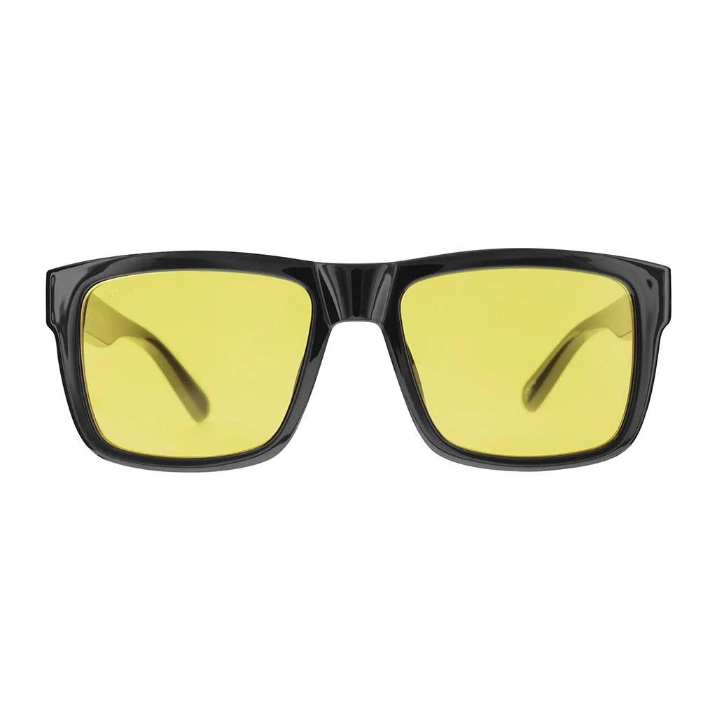 Black-framed sunglasses with yellow lenses on a white background