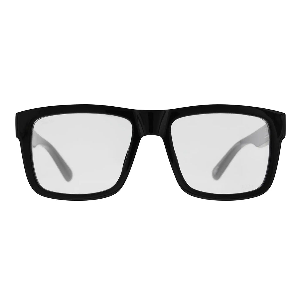 Black sunglasses with clear lenses on a white background
