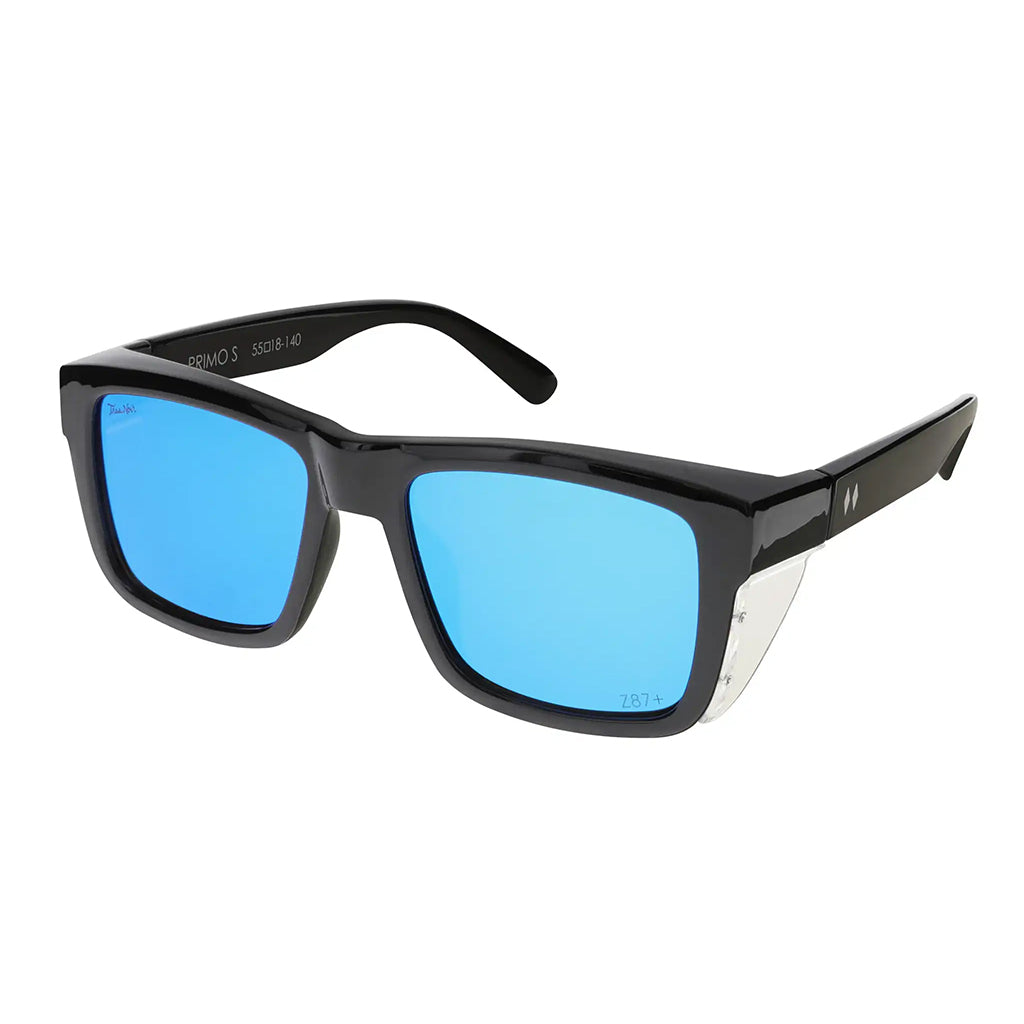 Black sunglasses with blue lenses on a white background