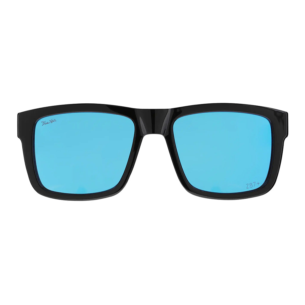 Sunglasses with black frame and blue lenses on a white background