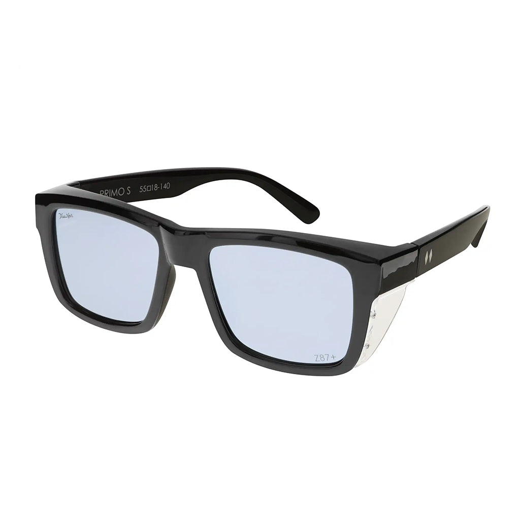 Black sunglasses with blue lenses on a white background