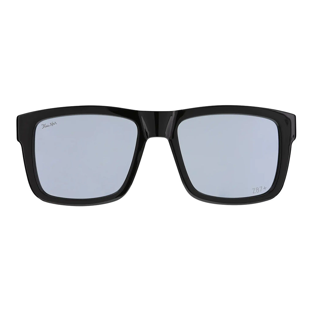 Black sunglasses with reflective lenses on a white background
