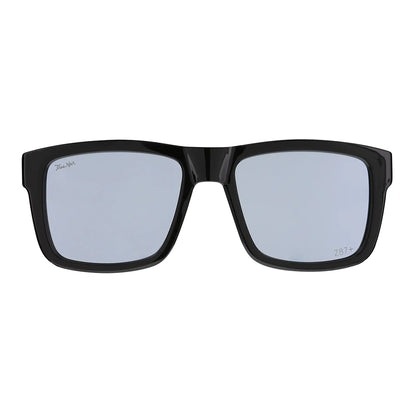 Black sunglasses with reflective lenses on a white background