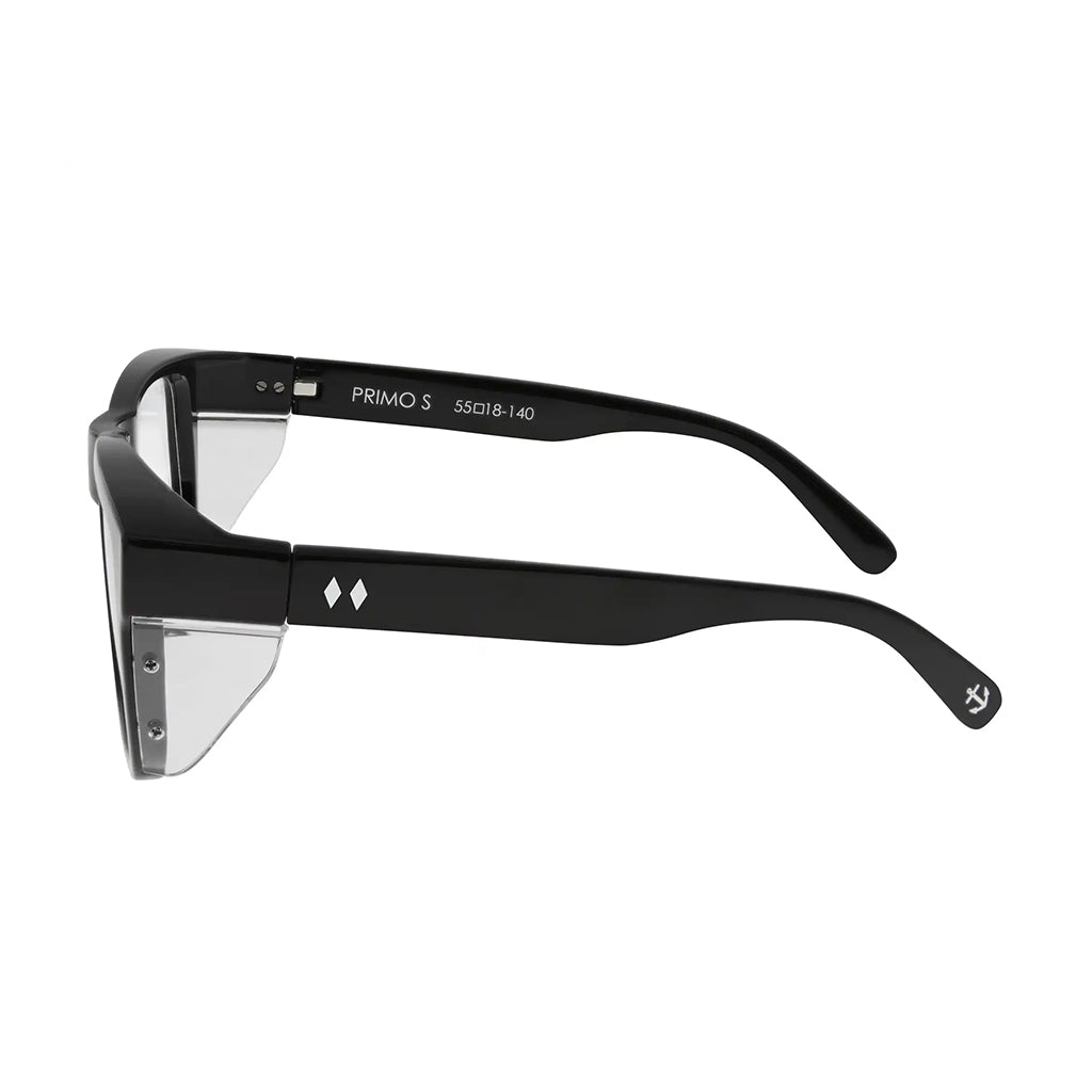 Black sunglasses with a clear lens on a white background