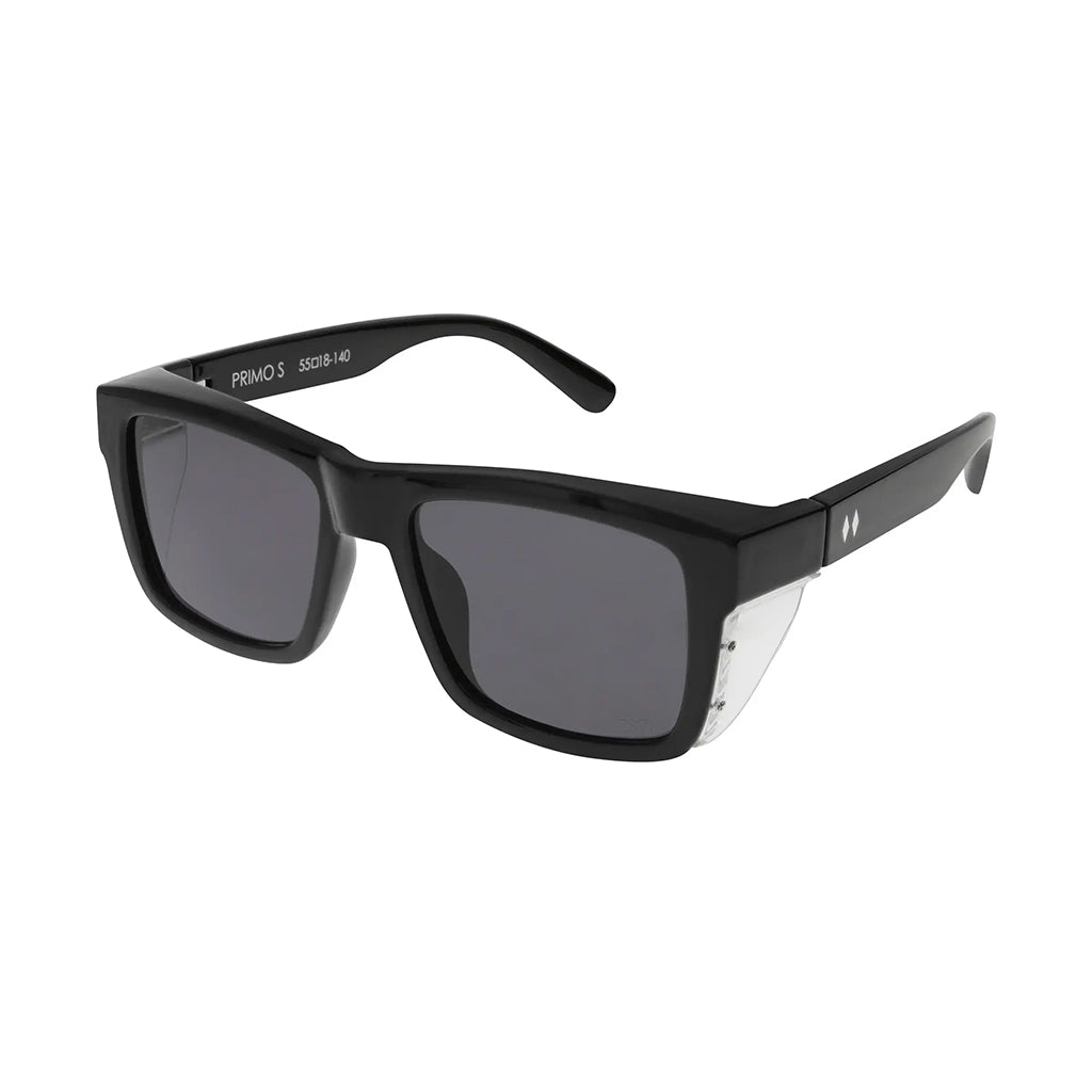 Black sunglasses with dark lenses on a white background