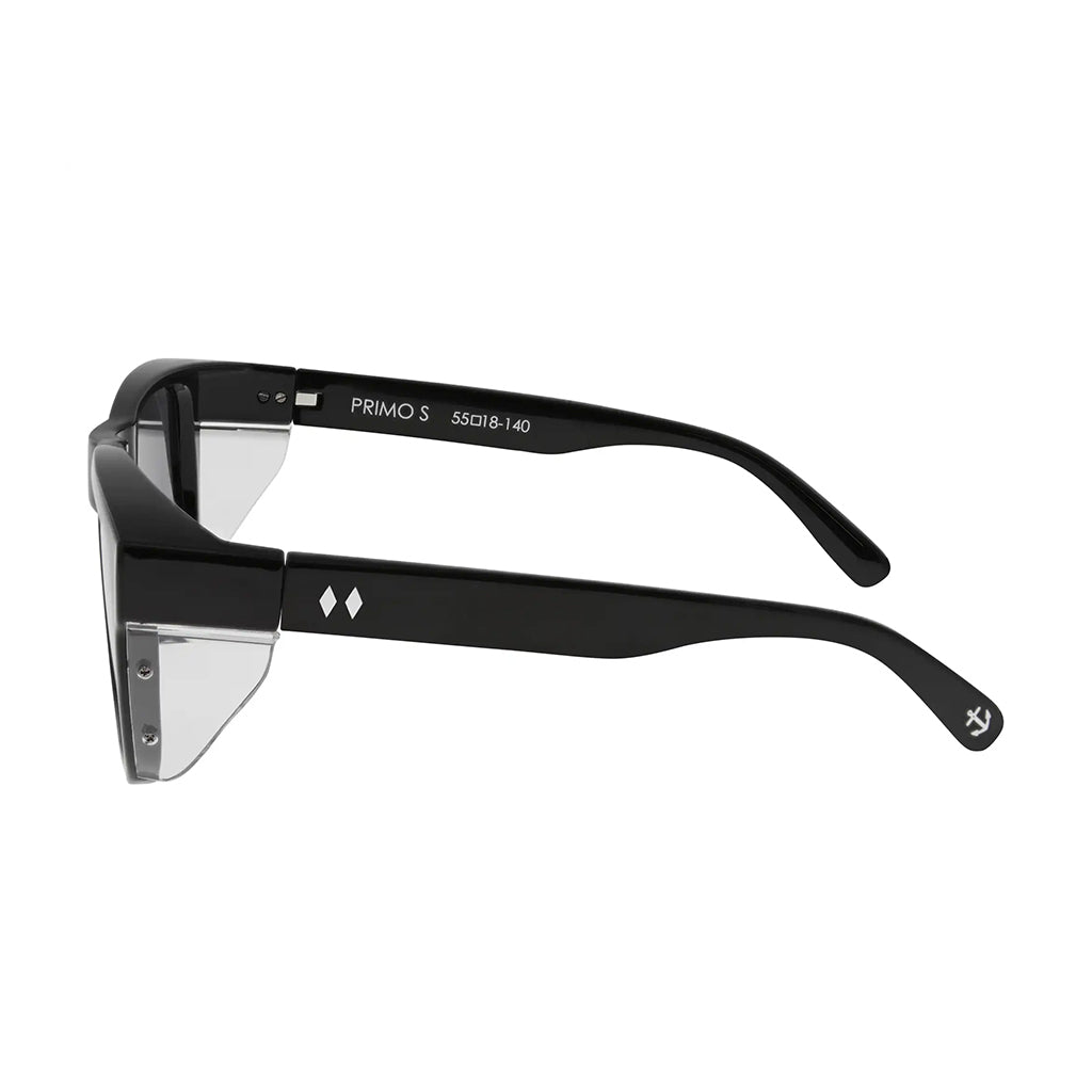 Black sunglasses with reflective lenses on a white background