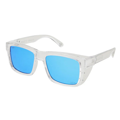 Clear frame sunglasses with blue lenses on a white background