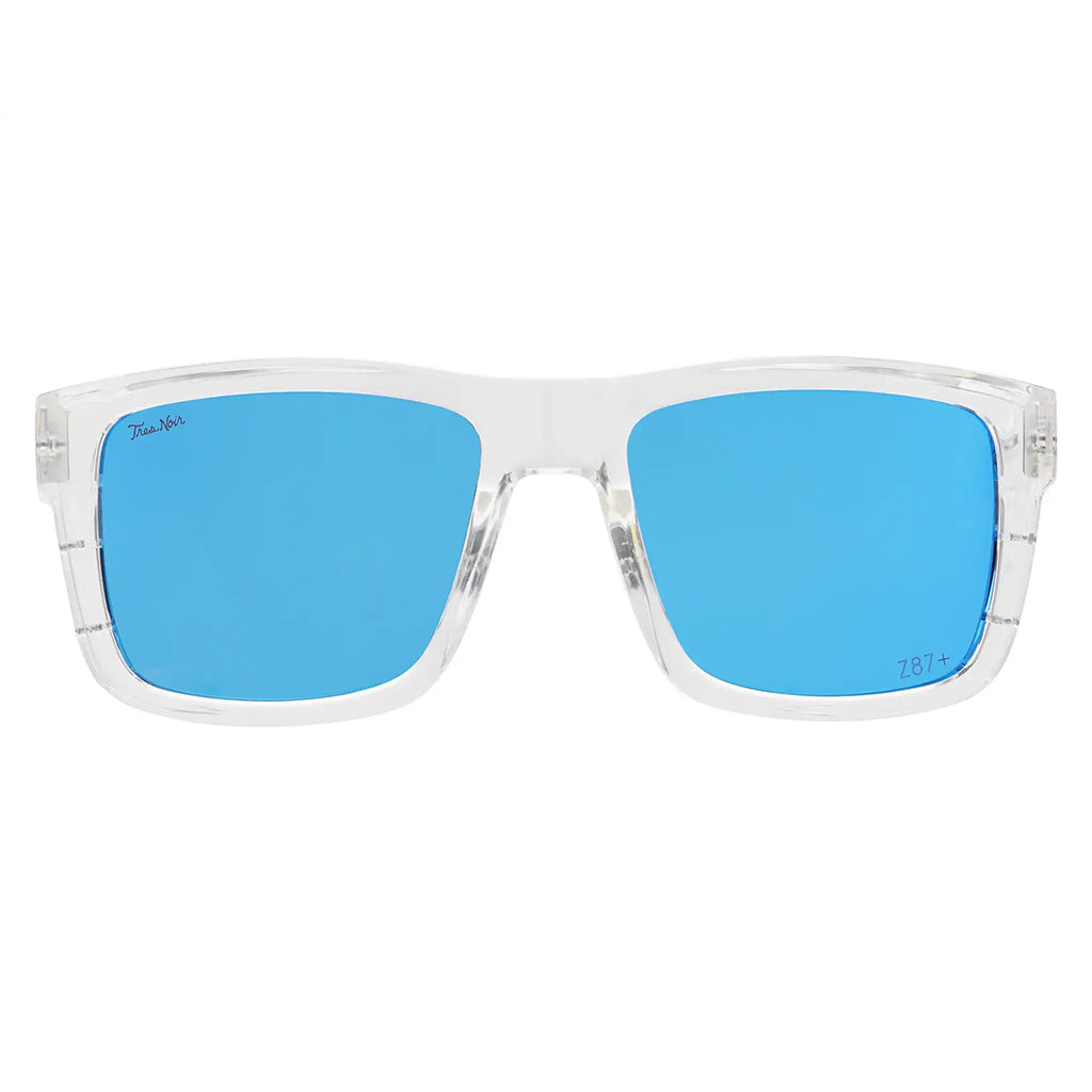 Sunglasses with clear frame and blue lenses on a white background
