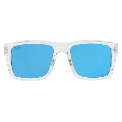 Sunglasses with clear frame and blue lenses on a white background