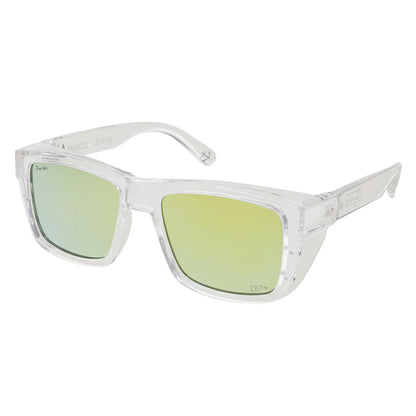 Clear frame sunglasses with mirror gold lenses on a white background