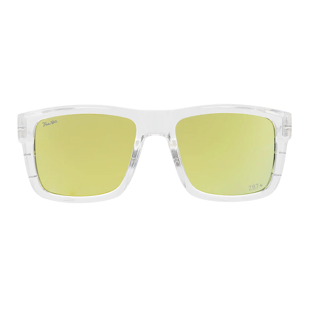 Clear frame sunglasses with mirror gold lenses on a white background