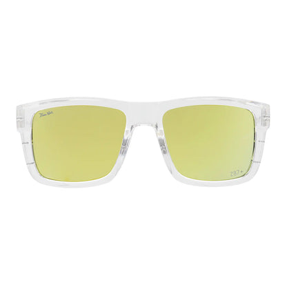 Clear frame sunglasses with mirror gold lenses on a white background