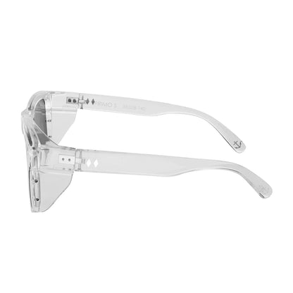 Clear sunglasses with a white frame on a white background