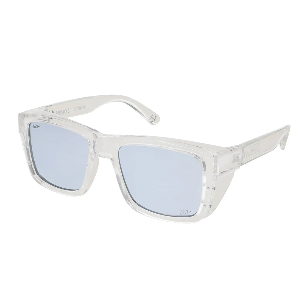 Clear frame sunglasses with blue lenses on a white background