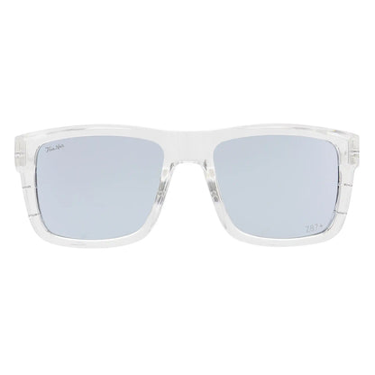 Clear frame sunglasses with blue-tinted lenses on a white background