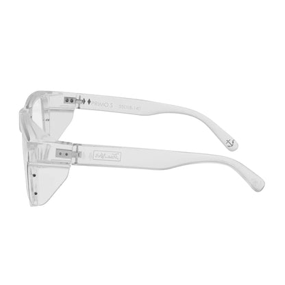 Clear safety glasses with white frames on a white background