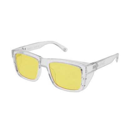 Clear frame sunglasses with yellow lenses on a white background