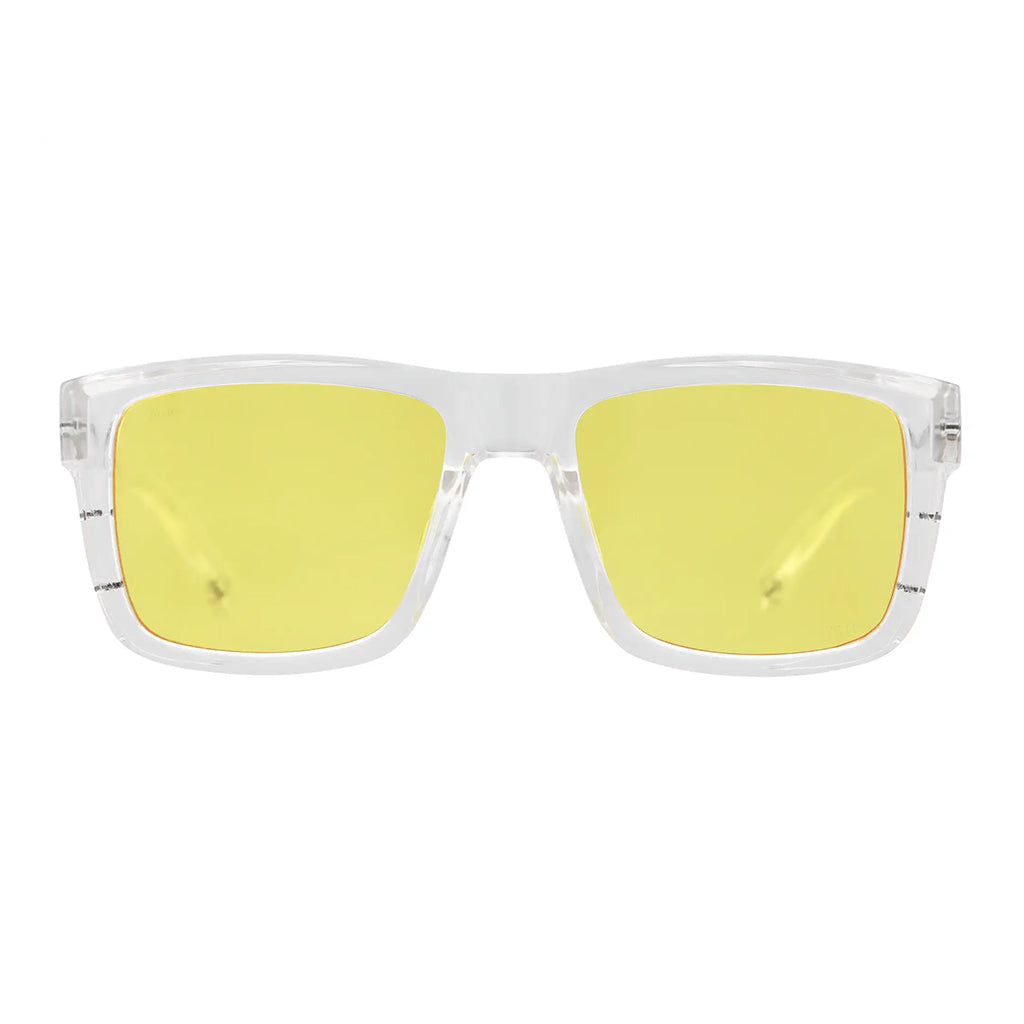 Sunglasses with yellow lenses and clear frame on a white background