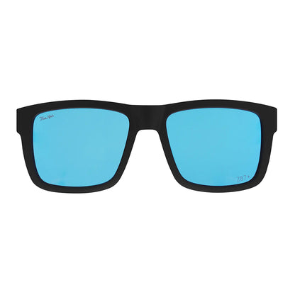 Sunglasses with black frame and blue lenses on a white background