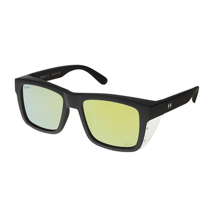 Sunglasses with black frame and gold tinted lenses on a white background