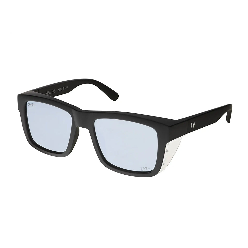 Black sunglasses with reflective lenses on a white background