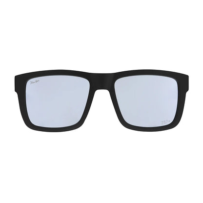 Black sunglasses with reflective lenses on a white background