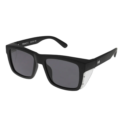 Black sunglasses with dark lenses on a white background